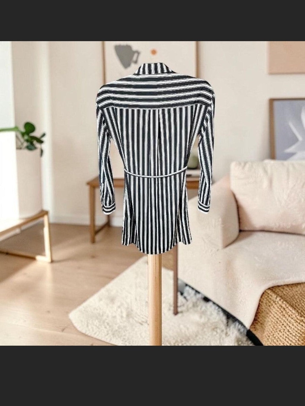 Express Black & White Vertical Stripe Midi Shirt Dress - Picture 2 of 8